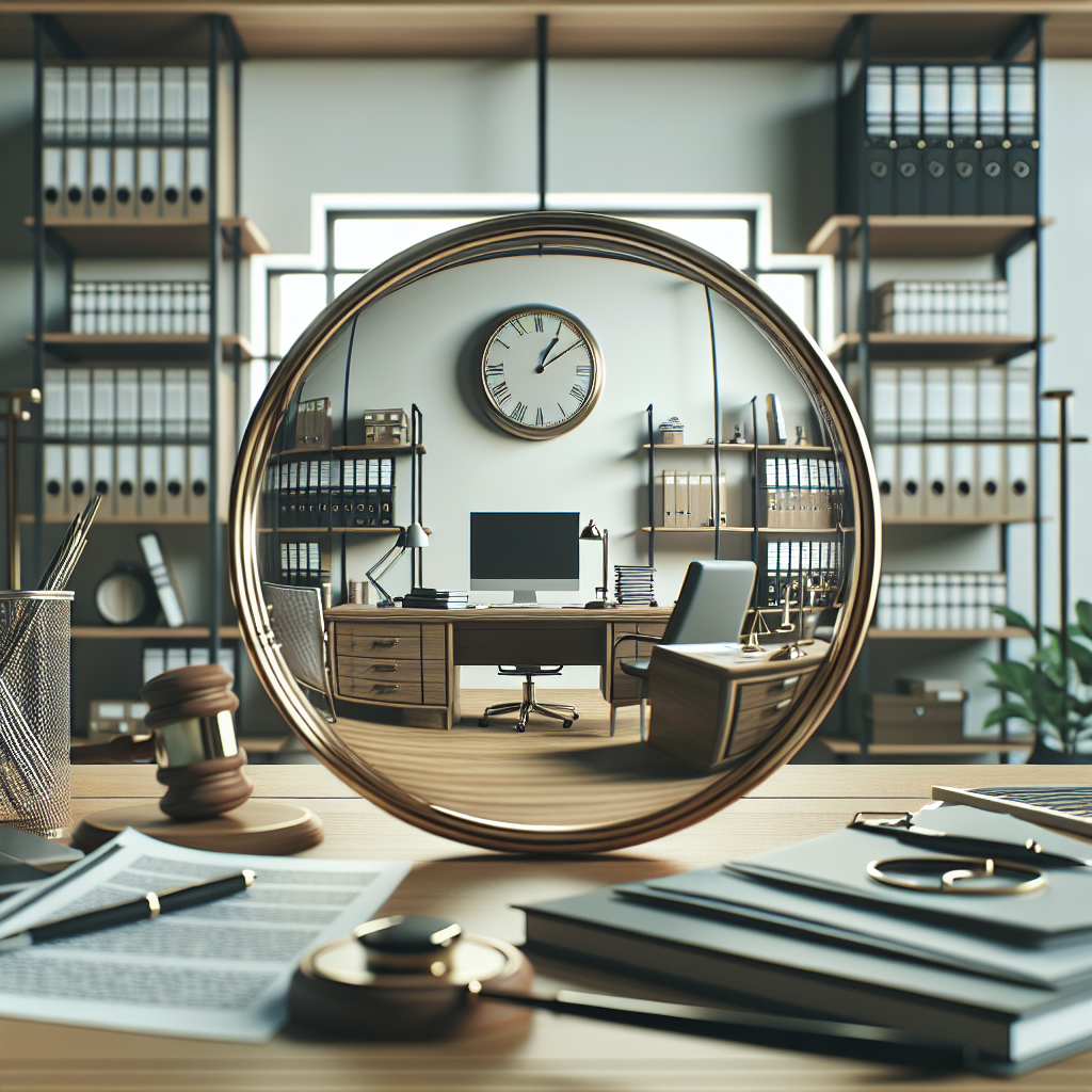 תמונה של משרד נוטריון מודרני עם מסמכים על השולחן וכלים משפטיים.